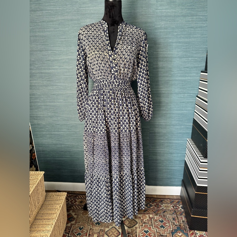 Vintage 70s Pony Lane Floral Boho Prairie Dress Size Small Blue & White